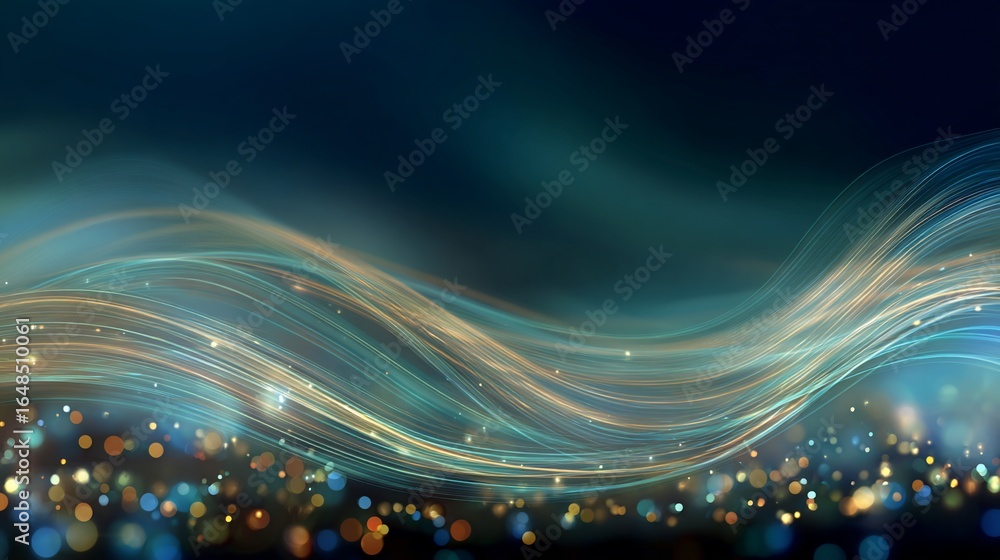 Poster abstract flowing lines of light with blurred bokeh against dark background