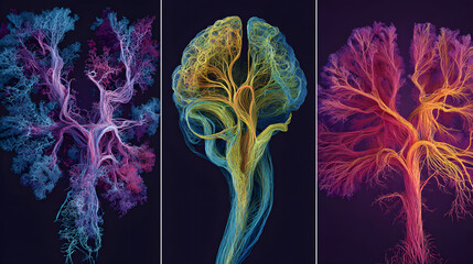 Triptych of high-resolution PET/CT brain scans in vivid colors showcasing intricate neurological structures and varying metabolic activity