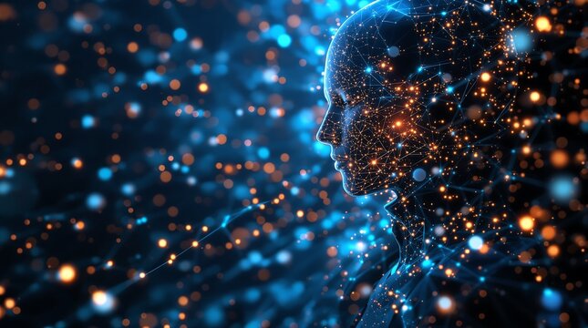 Dynamic AI human profile with glowing network and digital connection, future tech concept