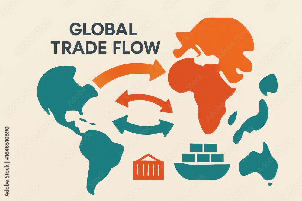Poster global trade flow concept showing import export routes between continents with international shippin