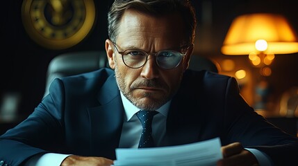Focused middle-aged businessman in a suit and glasses intensely reviewing a legal document at his desk in a luxurious office.
