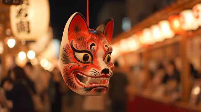 Fox Mask Hanging at Night Festival with Lantern-Lit Stalls
