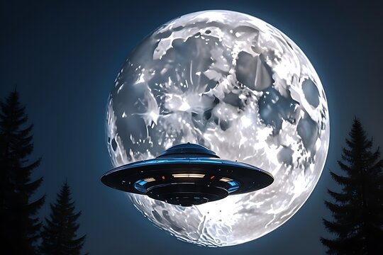 Mysterious Alien Spaceship Hovers Over Large Full Moon in Dark Night Sky