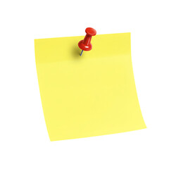 Yellow sticky note pinned with a red pushpin isolated on transparent background