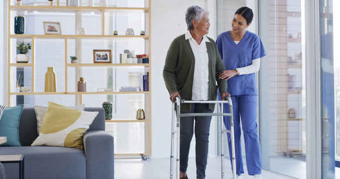 Women, nurse and senior patient with walker for muscle recovery, physiotherapy in retirement home. Female people, caregiver and helping elderly person with a disability for assisted living in house - Powered by Adobe