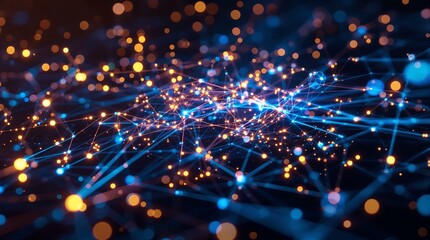 Dynamic digital network with glowing lines and nodes representing global connectivity and data