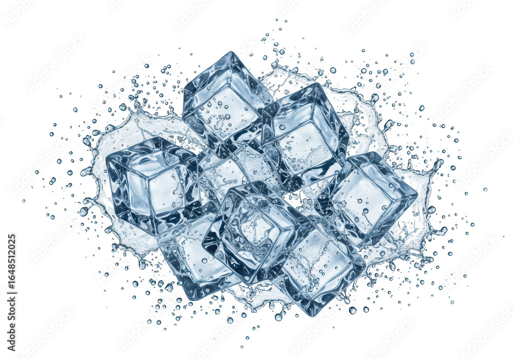 Poster a dynamic splash of clear ice cubes frozen in motion, creating a refreshing burst of cold water drop