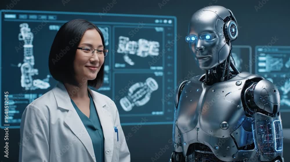 Poster female scientist and advanced ai robot collaborating - a friendly-looking female scientist in a lab 