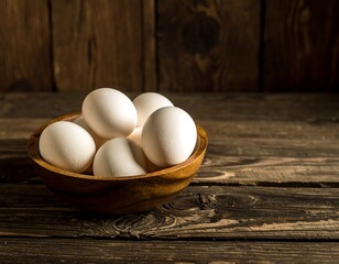 Wooden bowl filled with white eggs sits on rustic wooden surface