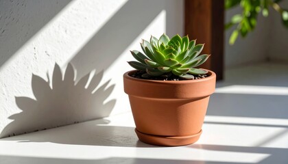 Fototapeta premium A single potted cactus with a small flower sits on a white background, symbolizing home gardening and natural growth