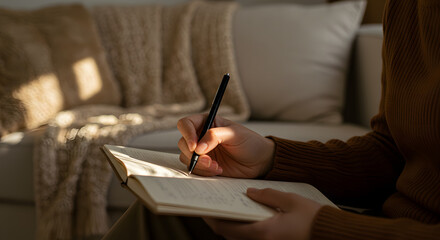 Handwriting notes in cozy home with warm blanket