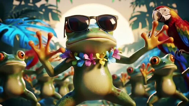 A group of cartoon frogs wearing sunglasses and flower leis are joyfully dancing and celebrating together with a parrot.