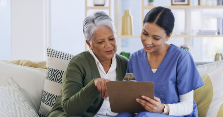 Clipboard, nurse and planning with old woman on sofa for evaluation, treatment progress and...