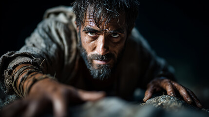 Jacob, a rugged and cunning man in his prime, wrestling with a divine figure by the river Jabbok at night,