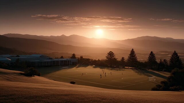 Picturesque Mountain View of Soccer Field at Sunset