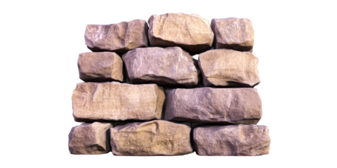 Stacked rough-hewn stone blocks against a white background, cut out transparent