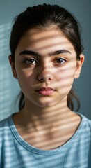 A young woman's serene face bathed in the striking light and shadow patterns