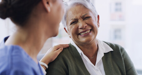 Caregiver, console and senior woman at house for consultation, assistance and medical results....