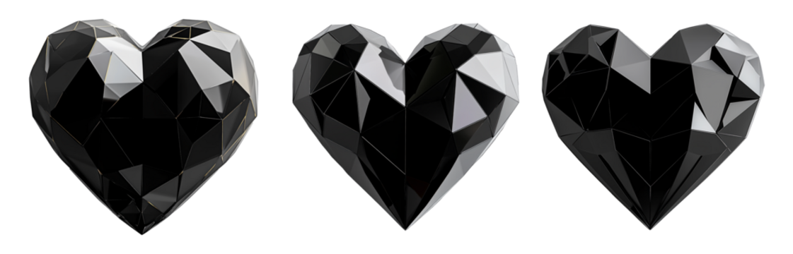 Geometric black heart with gold accents, angular patterns and smooth finish isolated on white transparent background. Concept of modern design and love