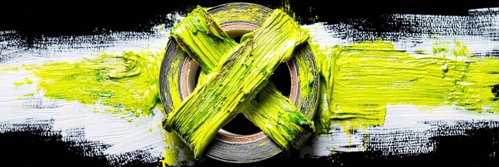 A roll of tape, coated in vibrant, flowing yellow-green paint, positioned amidst white and black brushstrokes