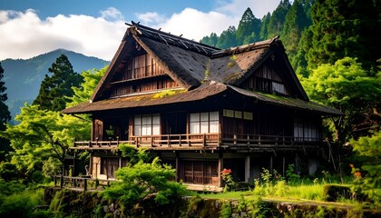 Obraz premium Traditional Japanese house nestled in a valley