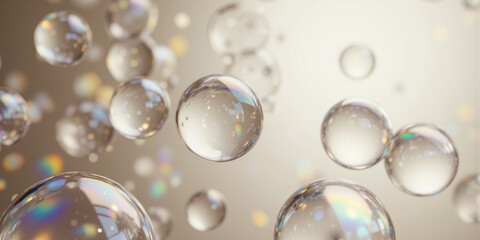 Floating Glass Spheres with Subtle Rainbow Reflections on a Neutral Background A futuristic and elegant composition with smooth transparent spheres