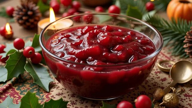 Festive holiday table scene with vibrant cranberry sauce, seasonal decorations, perfect for Thanksgiving or Christmas gatherings.