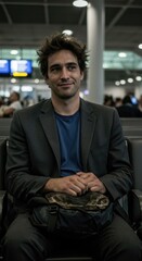 Contemplative traveler awaiting flight at airport lounge, exudes casual elegance