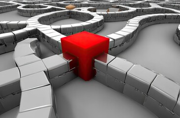 A red cube at the center of a complex, gray, walled maze