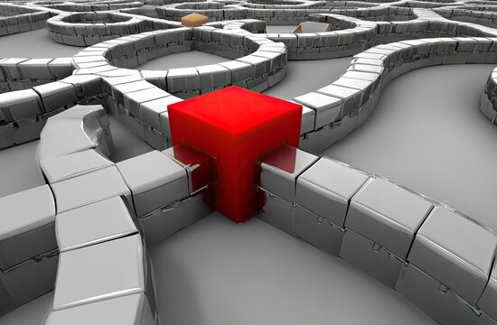 A red cube at the center of a complex, gray, walled maze