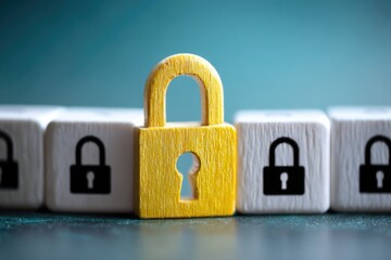 A single, bright yellow wooden padlock stands between several white blocks, each bearing a small black padlock symbol