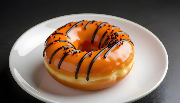 A festive Halloween doughnut with bright orange glaze, black icing drizzle, and sprinkles on a white plate. - Powered by Adobe