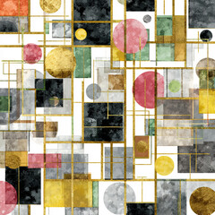 Bauhaus grid pattern with watercolor textures and gold foil accents