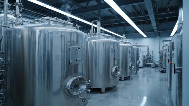 Modern Industrial Facility with Stainless Steel Tanks - A long shot of a clean, modern industrial facility showcasing a row of large stainless steel tanks.