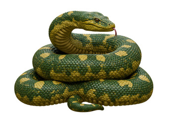 Obraz premium Close-up of a Green and Yellow Anaconda Snake Coiled on Black Background