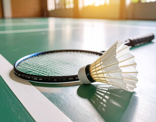 Badminton Racket and Shuttlecock on Indoor Court with Sunlight