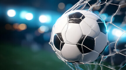 Dynamic Close Up Soccer Ball in Net with Stadium Lights. Ai Generated Images