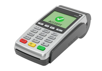 Payment terminal for credit card transactions with an accepted payment symbol on screen, isolated on transparent background