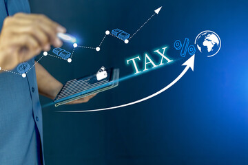 A human holds a glowing Earth globe, symbolizing global business and interconnectedness, overlaid with a dynamic upward-trending financial graph, a tax, and a digital coin