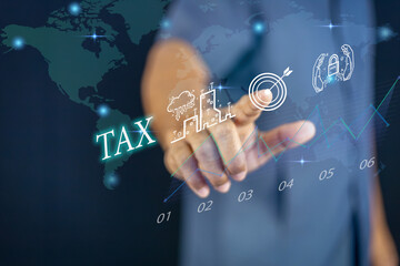 A human holds a glowing Earth globe, symbolizing global business and interconnectedness, overlaid with a dynamic upward-trending financial graph, a tax, and a digital coin