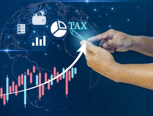 A human holds a glowing Earth globe, symbolizing global business and interconnectedness, overlaid with a dynamic upward-trending financial graph, a tax, and a digital coin