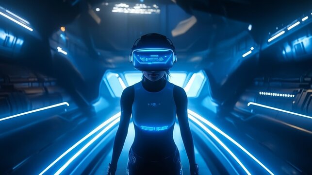 Woman Wearing VR Headset in Futuristic Corridor