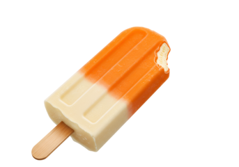 Close-up of a partially eaten orange and vanilla flavored popsicle on black background