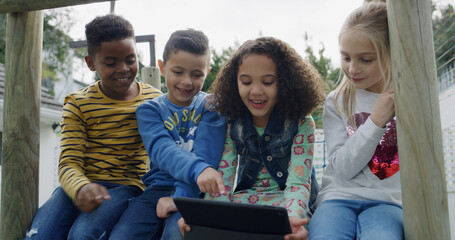 Park, friends and children with tablet, happy and watching movies on website, pointing and together. Playground, kids or group with tech for cartoons, outdoor or subscription for entertainment on app