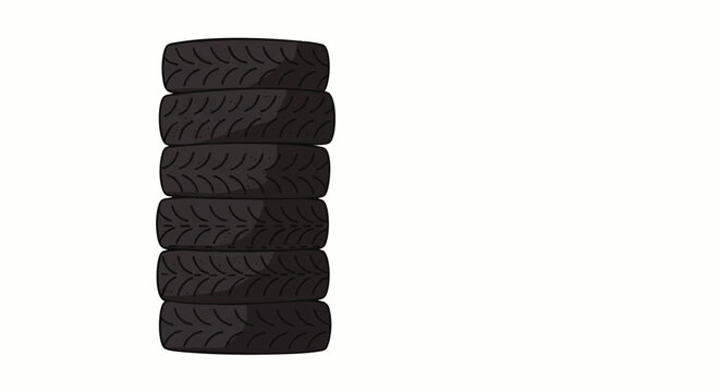 A vertical stack of six black cartoon tires with varied tread patterns.