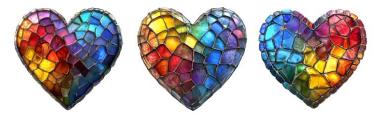 Glass mosaic heart in vibrant rainbow hues isolated on white transparent background. Concept of love and Valentine Day