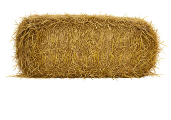 Close-up of a rectangular hay bale with sharp straw texture isolated on black background