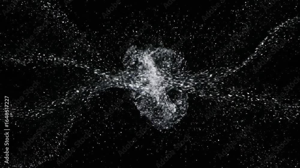 Poster abstract shiny particles exploding on black background - two bursts of bright white shiny particles 