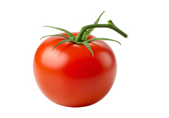 Close-up of a ripe red tomato with green stem isolated on black background