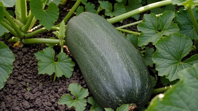 A large green zucchini growing on a plant in the garden